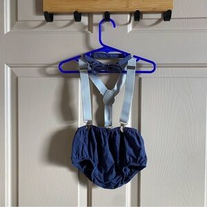 Baby Boy First Birthday, Smash Cake Outfit. Bloomers. Suspenders. Blue. Gray.
